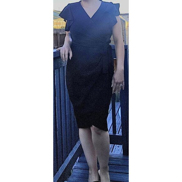 Women's Deep V Neck Ruffle Sleeve Faux Wrap Dress Black Size M - Picture 2 of 8